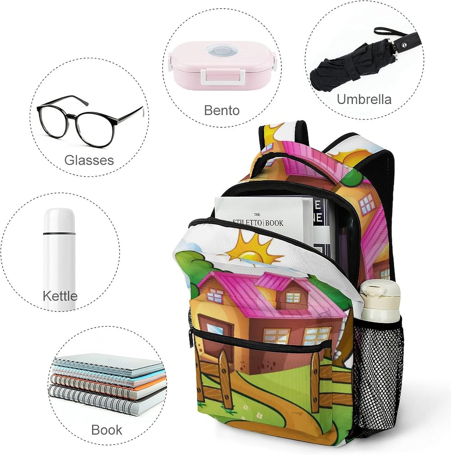Oxford Cloth Children'S Backpack Funny a House Vector School Backpack for Girls,Adjustable Shoulder Waterproof image number 3