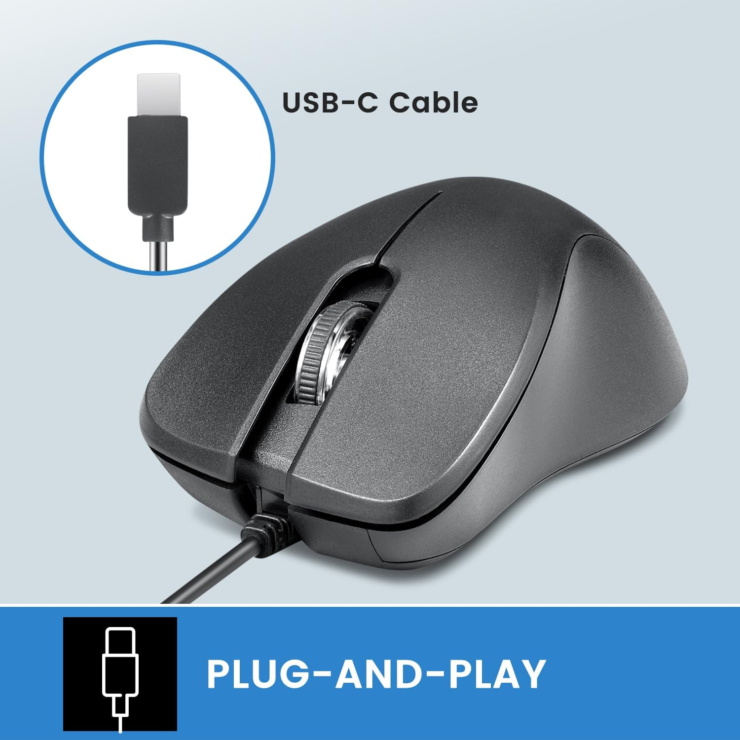 Perixx PERIMICE-221C USB Type C Wired Ergonomic Mouse - 4.9 Ft Cable - Optical 1200 DPI Design - Black image number 1