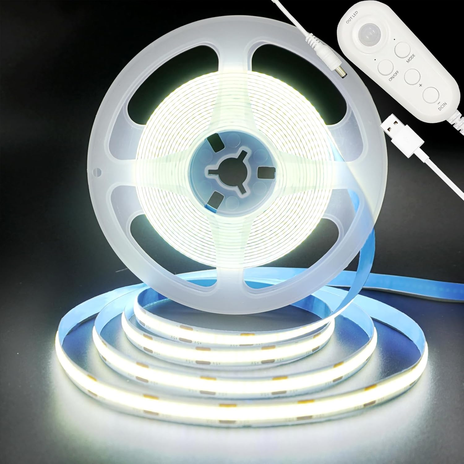 Clearhill 5V USB Motion Sensor Dimmable Flexible LED Strip Lights,9.84Ft/3M,Cool White 6500K Bright Lights,8Mm Width,320Leds/M,Not Waterproof IP 20,For Closet Light Bedroom Cabinet Stair