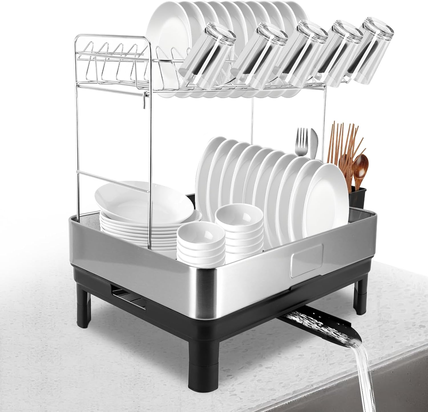 2 Tier Dish Drying Rack, 304 Stainless Steel Dish Drainer for Kitchen Counter, Extra Large Dish Rack with 360&deg; Rotatable Drain Spout & Cup Holder image number 4