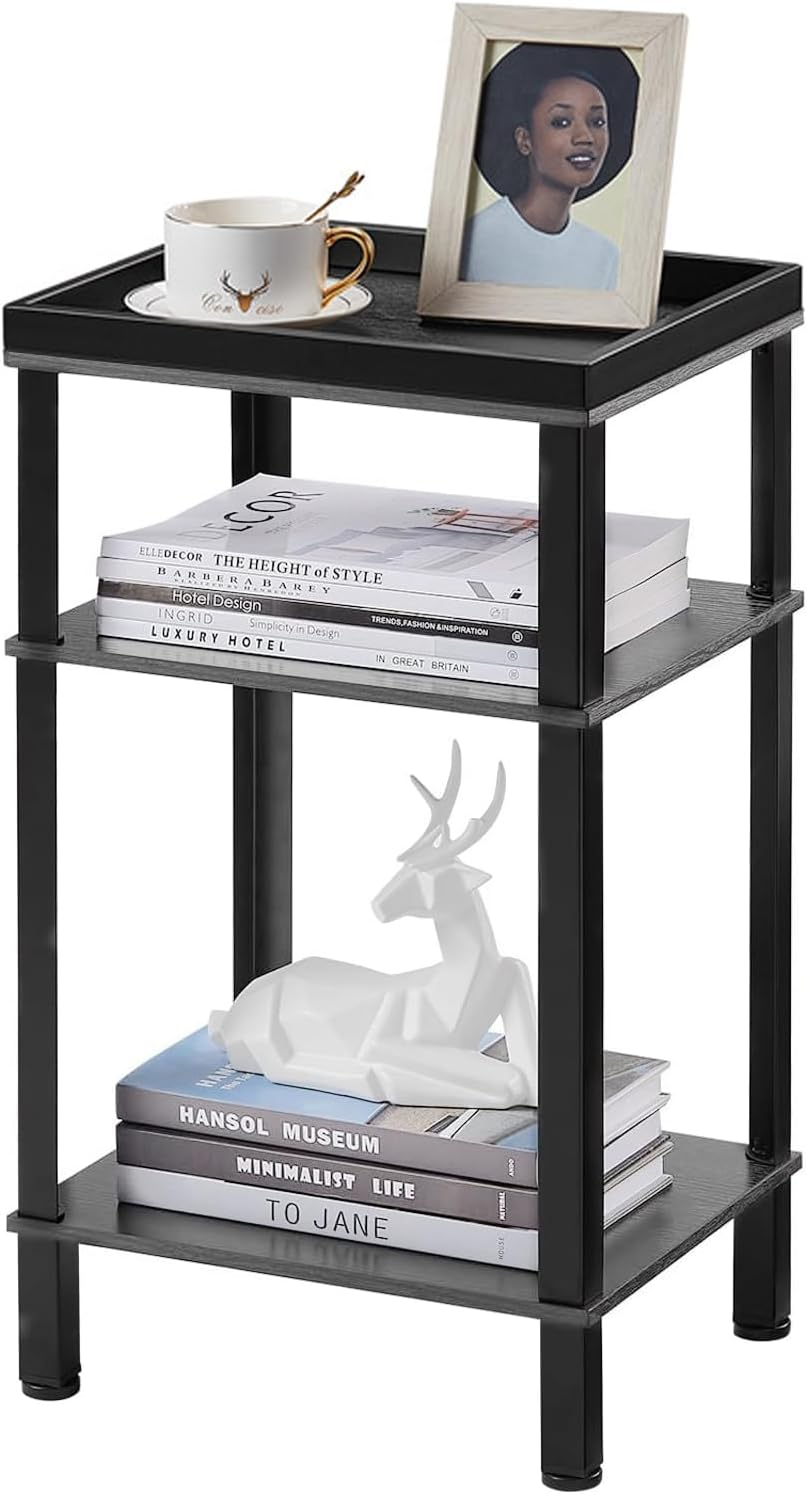 Side Table for Small Spaces,3 Tier End Table with Metal Tabletop Tray Storage Shelf, Small Narrow Thin End Table Bedside Table,Nightstand for Hallway,Living Room,Bedroom, Office (Grey)