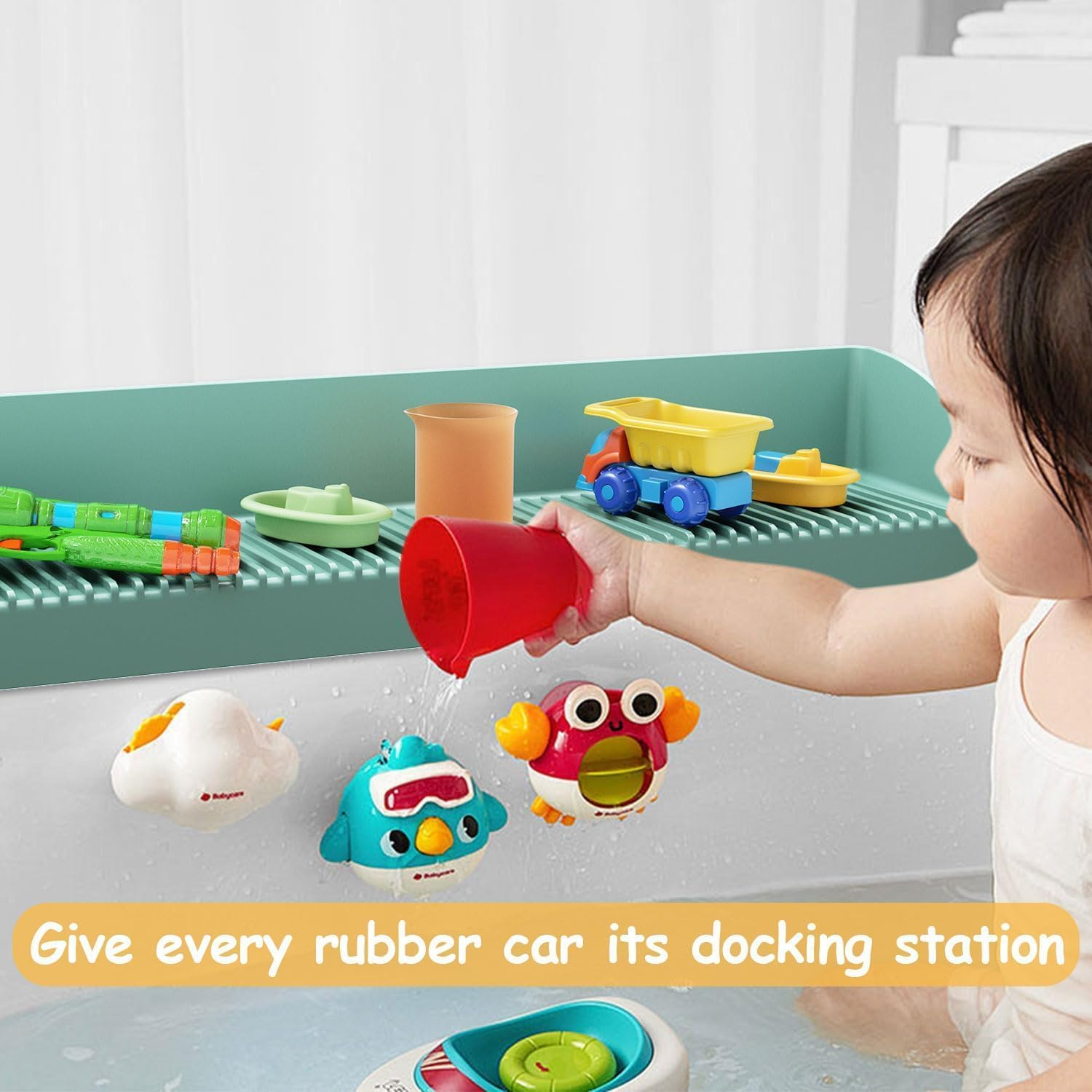 Kids Bathtub Splash Guard, Silicone Tub Shelf with Toy Storage, Extra-Wide Design, Strong Suction Cups image number 1