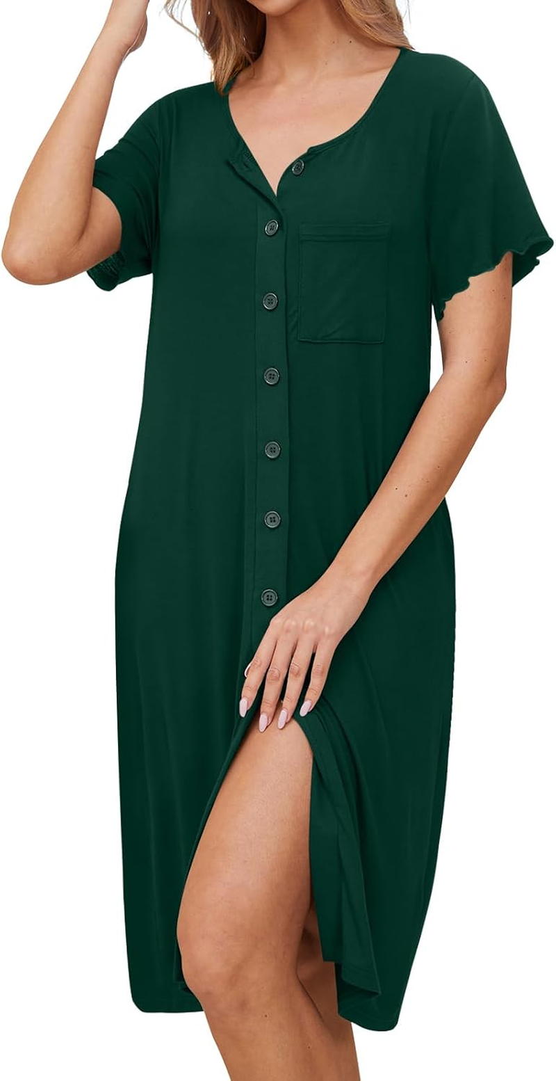 DB MOON Womens Nightgowns Button up Pajamas Short Sleeve Night Gown Sleep Wear Dress image number 3