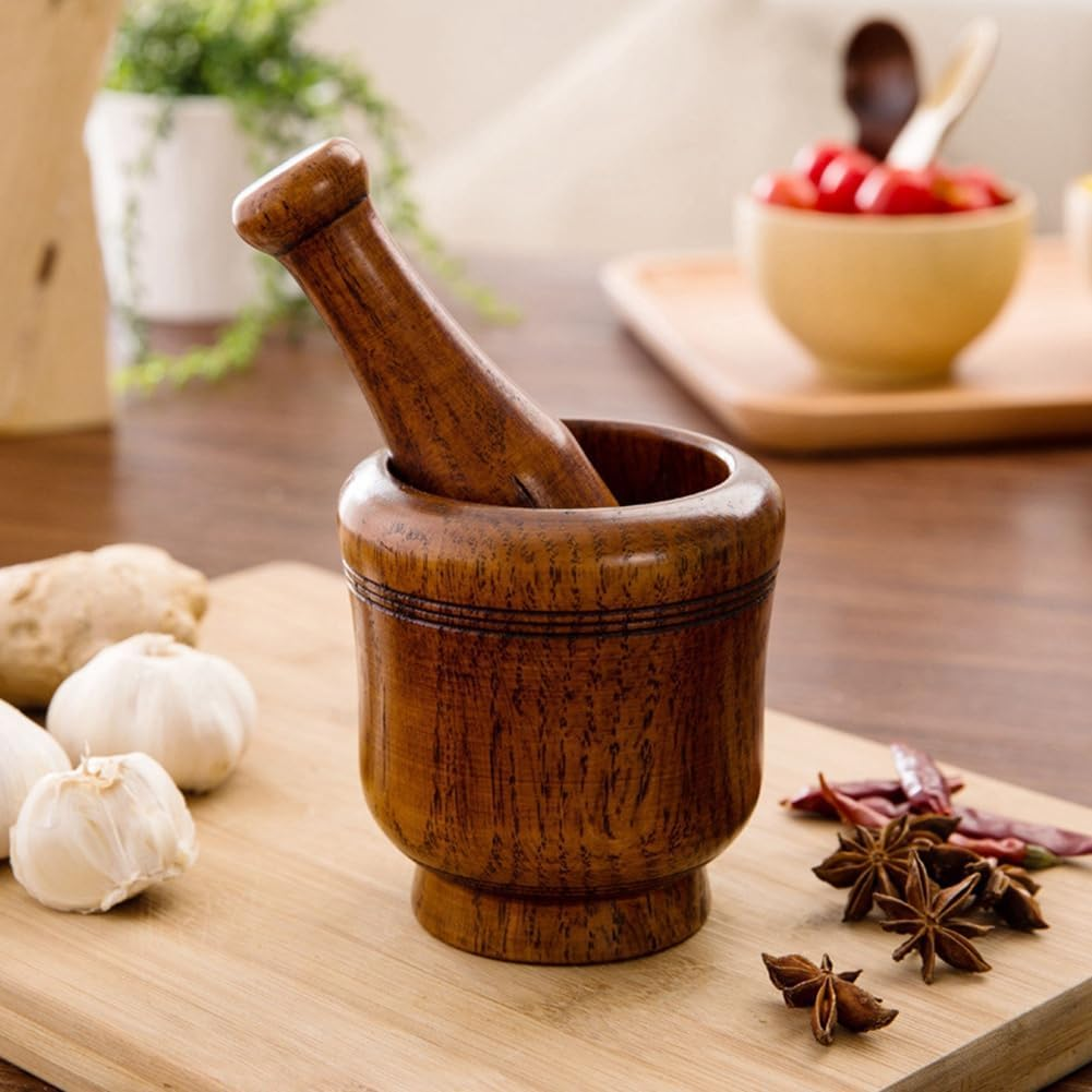 Wooden Mortar and Pestle Set,Mortar and Pestle Wood Wooden Mortar Pestle Grinding Bowl Set Garlic Crush Pot Kitchen Tool Easy Install image number 1