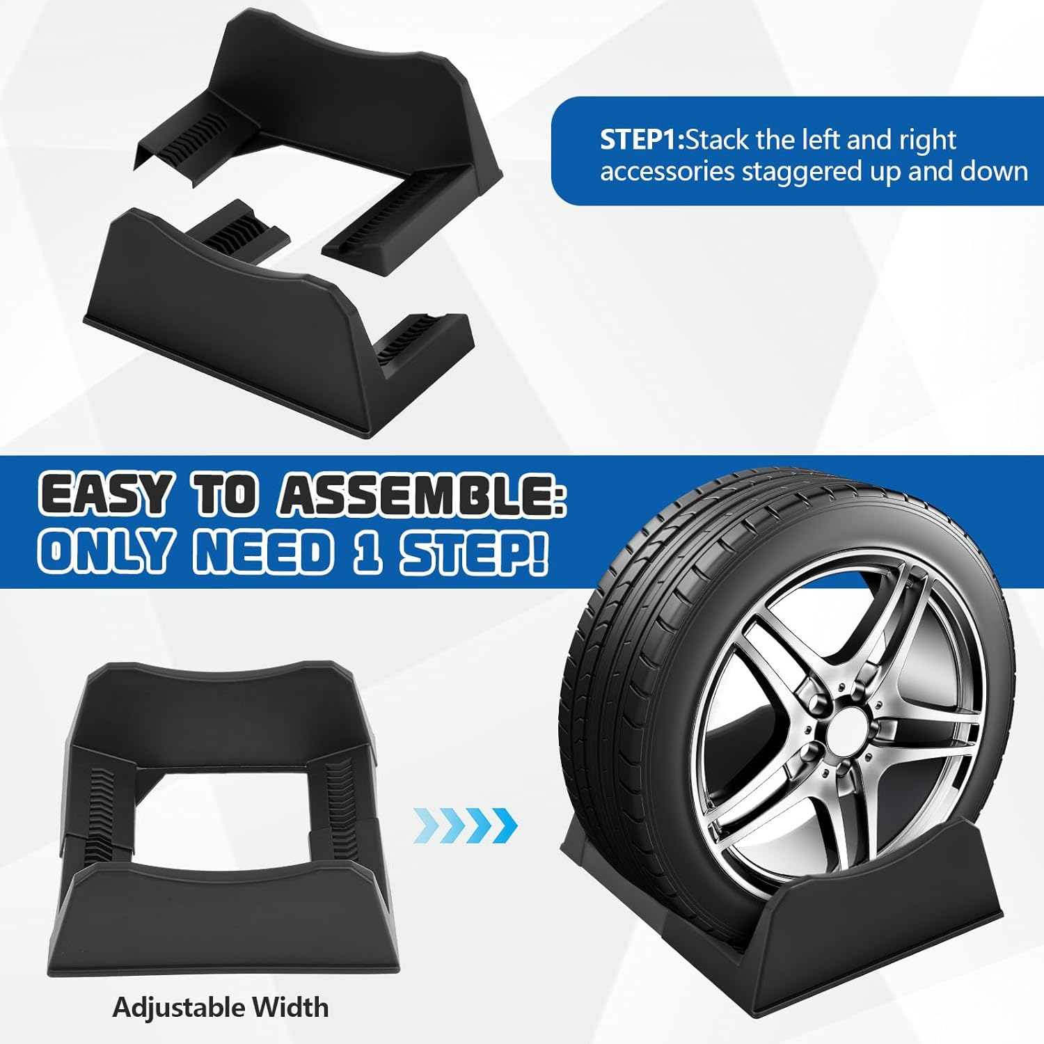 Colingmill 4 Pcs Car Tire Display Stand Wheel Display Rack Adjustable Width Rim Storage Wheel Rim Holder Tyre Stand Base Tire Tray Base for Exhibition Shop Garage Trade Show, Black image number 3