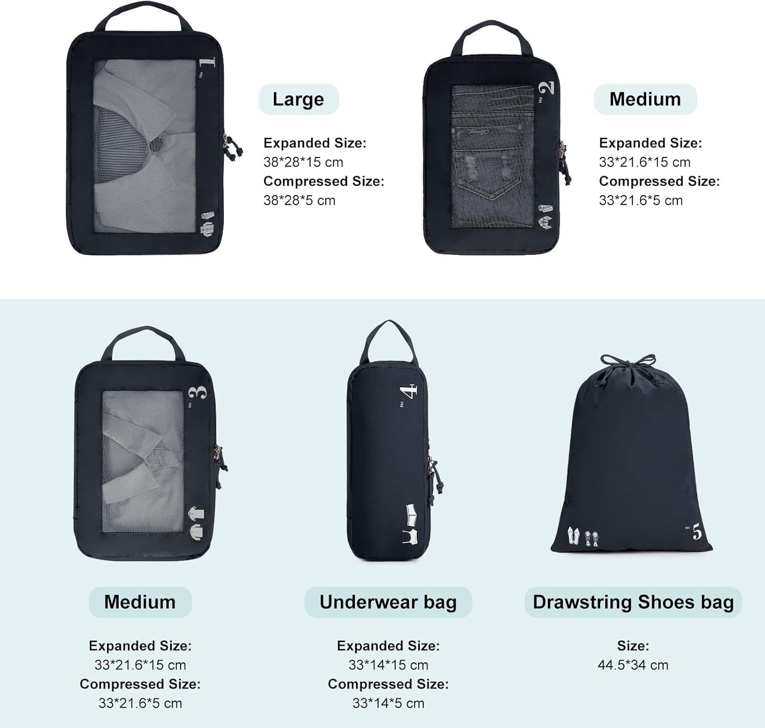 ECOHUB 5 Set Compression Packing Cubes for Suitcases, Travel Organizer Bags with Shoes Bag, Tear Resistant, Machine Washable, Dark Blue - Beige image number 2