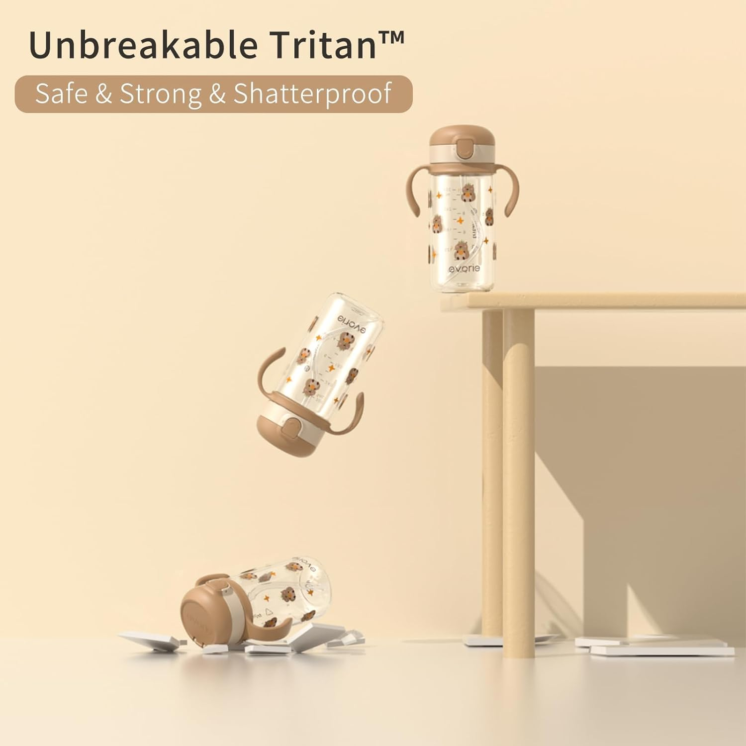 Evorie Tritan Spill Proof Toddler Straw Sippy Cup, 10 Oz for Baby and Toddlers 1-3 Years Old, No Spill Straw Water Bottle with Removable Handles, Ideal for School, Bpa-Free, Choco Car (New) image number 3