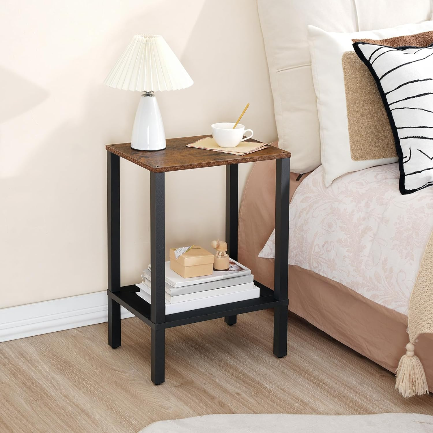 HOOBRO End Table, Small Side Table with 2-Tier Storage Shelves, Nightstand with Faux Rattan Decoration, for Living Room, Bedroom, Rustic Brown and Black BF91BZ01 image number 2