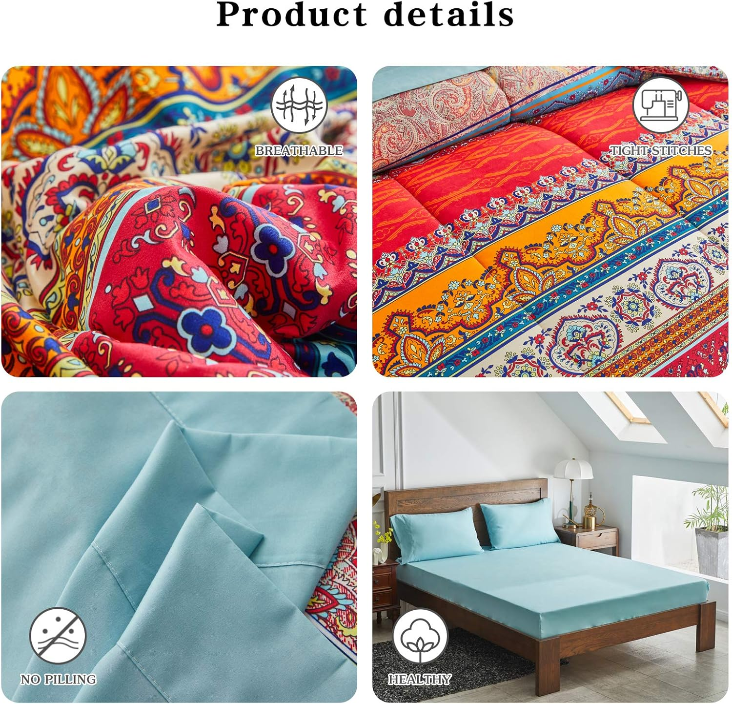 Flysheep Boho Striped Bed in a Bag 7 Pieces Queen Size, Colorful Bohemian Tribal Teal Blue Red Reversible Comforter Bed Set (1 Comforter, 1 Flat Sheet, 1 Fitted Sheet, 2 Pillow Shams, 2 Pillowcases) image number 6