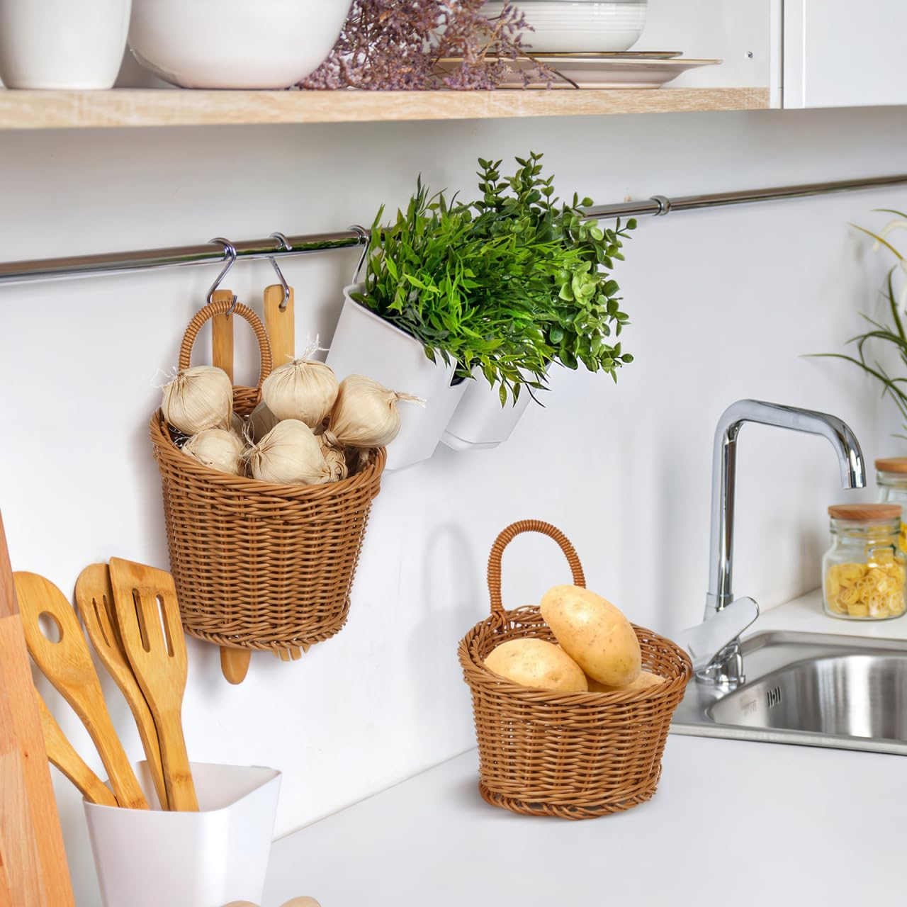 2Pcs Small Hanging Storage Baskets Plastic Pantry Wicker Woven Baskets Wall Mount Basket with Hook Decorative for Organizing Easter Egg Brown image number 6