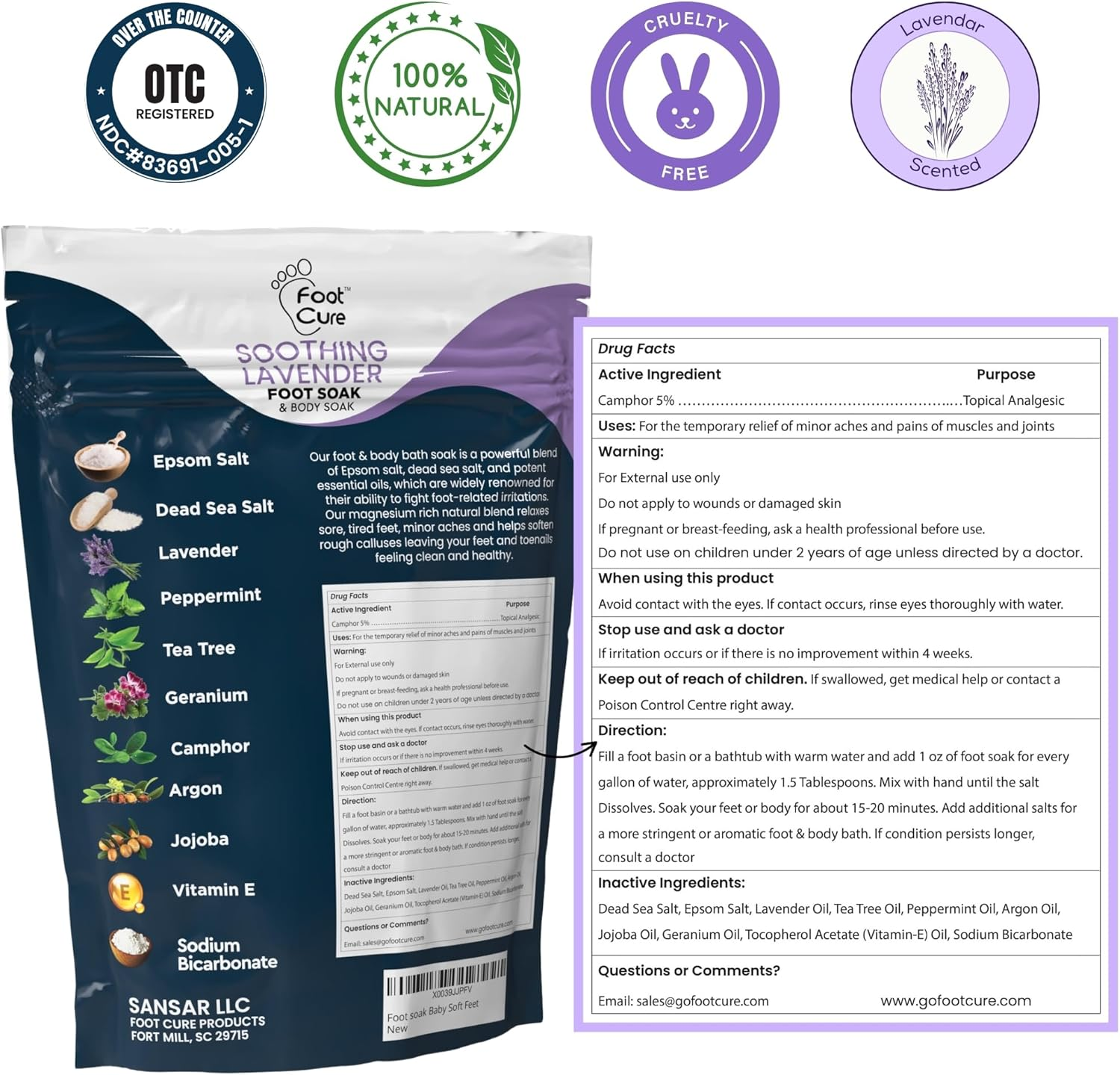 FOOT CURE Soothing Lavender Soak with Epsom Salt, Made in USA, Soak Soothes Sore Tired Feet, Athletes , Stubborn Odor, Softens Calluses & Helps Treat Toenail, 16 Oz,2 Pack image number 2