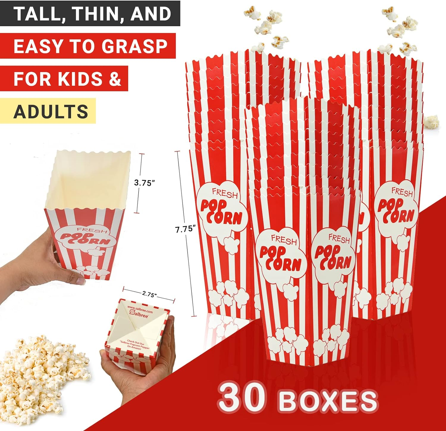 30 Movie Night Popcorn Paper Boxes Buckets 7.75 Inches Tall Large & Holds 46 Oz Old Fashion Vintage Retro Party Design Red & White Colored Nostalgic Carnival Stripes Bags & Tubs [Various Qty Avail] image number 6