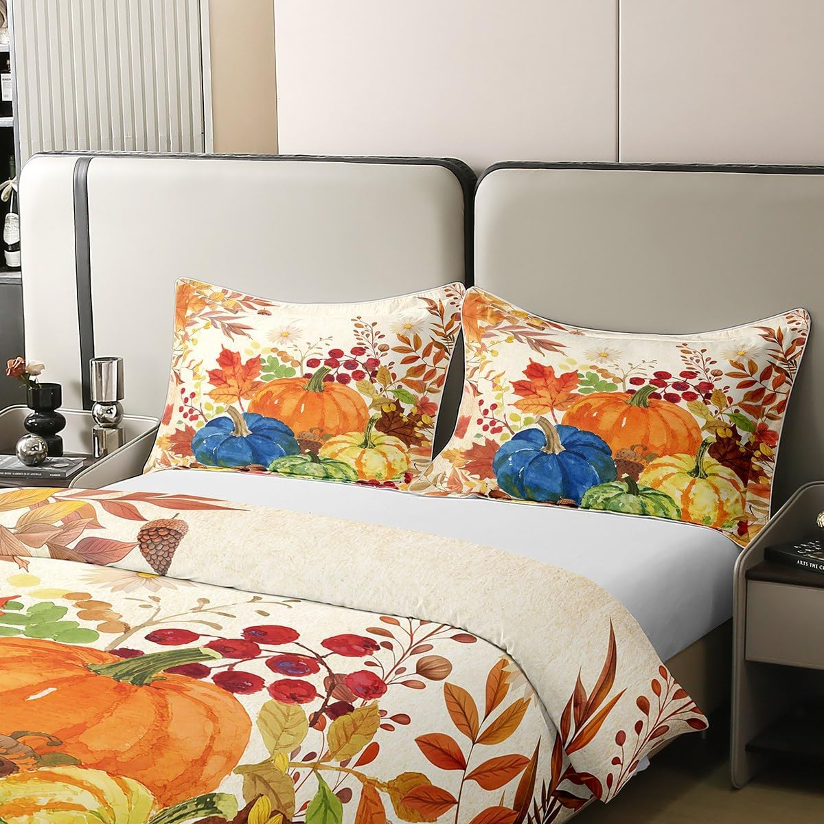 Homewish Aesthetic Watercolour Prints Pumpkin Cotton Duvet Cover for Children Boys Teenagers Maple Leaves Bed Linen 155 X 220 Cm Autumn Plants Flowers Leaves Nut Fruit Bedding Set Autumn Harvest Bed image number 6