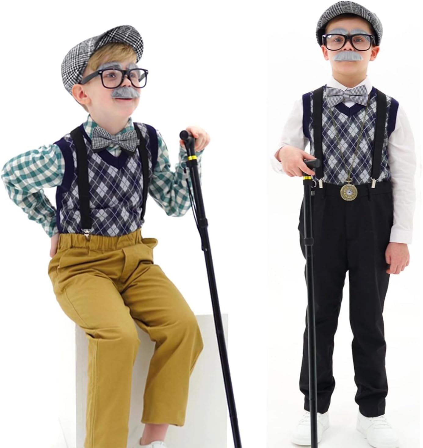 Kids 100 Days of School Costume for Boys - Halloween Old Man Costume Hat Glasses and Grandpa Vest Set for Child image number 1