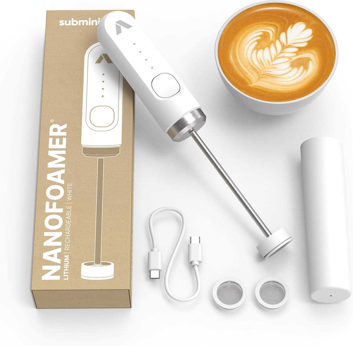 Subminimal Performance Milk Foamer - Nanofoamer Lithium Handheld Frother - Rechargeable, Dual-Speed - Microfoamed Milk in 30 Seconds, Barista-Style Coffee Drinks at Home - White Special Edition image number 2
