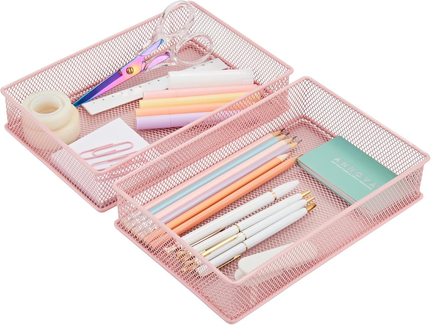 Annova Mesh Drawer Cabinet and Shelf Organizer Bins Storage Basket School Office Supply Holder Tray- Set of 2 (Black, 15X15X5 CM)