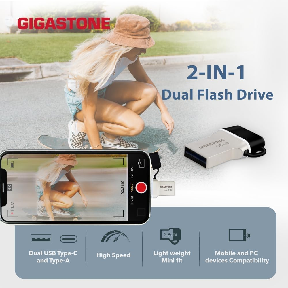 GIGASTONE Z50 256 GB 2 Pack, Dual OTG 2-In-1 USB Flash Drive, USB 3.2 Gen 1, Type C and Type a Connectors, Metal Design, Durable, USB 2.0/3.0/3.1 Compatible