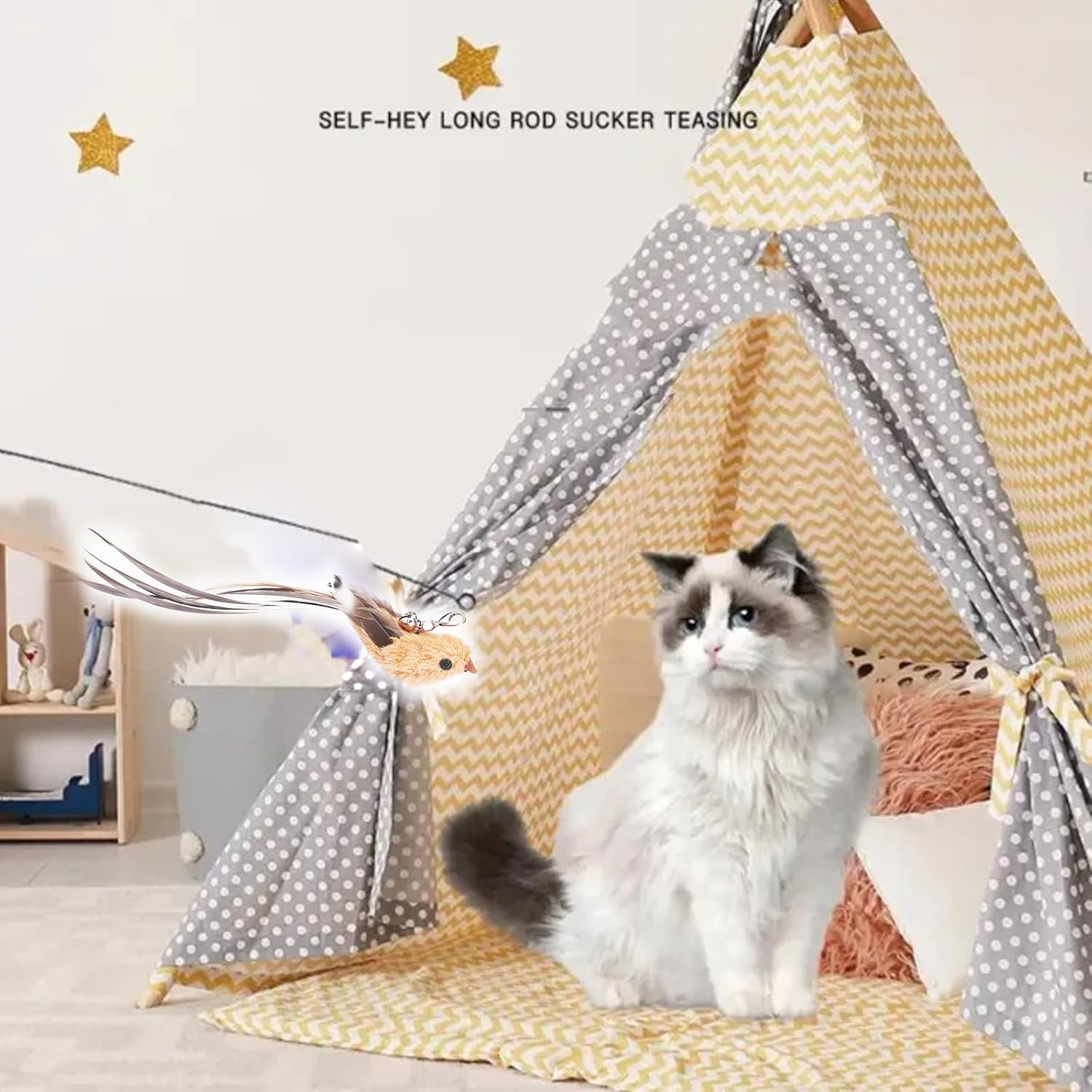 YIDM Cat Toy Feather Cat Angel Replacement Feathers: 8 Pieces Interactive Cat Toy Feather with Bell, Cat Fishing Rod Replacement Feathers, Cat Toy Interactive Feather Intelligence Toy image number 1