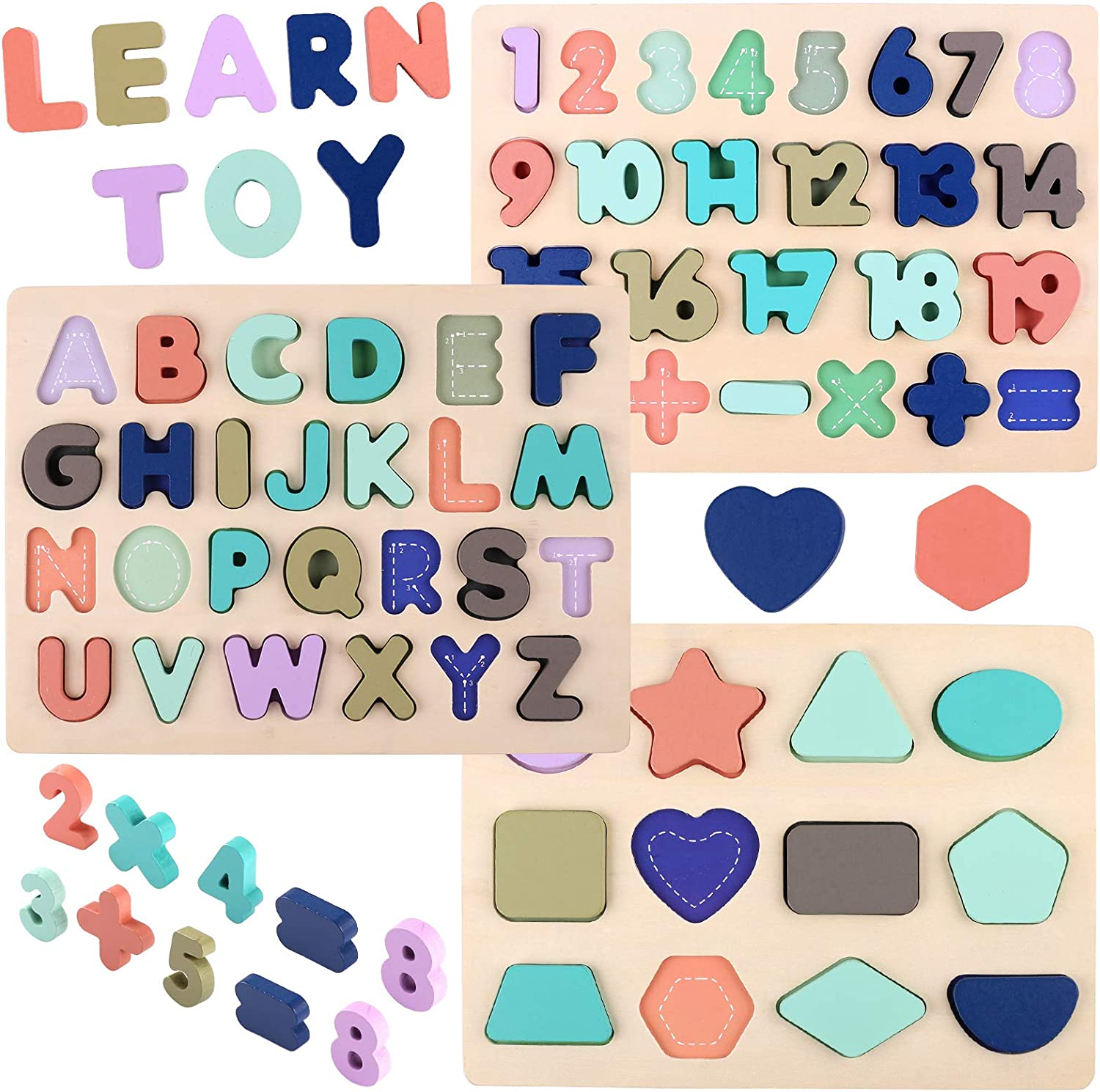 Building Blocks Wooden Puzzles for Toddlers, Wooden Alphabet Number Shape Learning Puzzles for Kids, Preschool Educational Toys Boys Girls Ages 3 4 5 6 Years Old image number 3