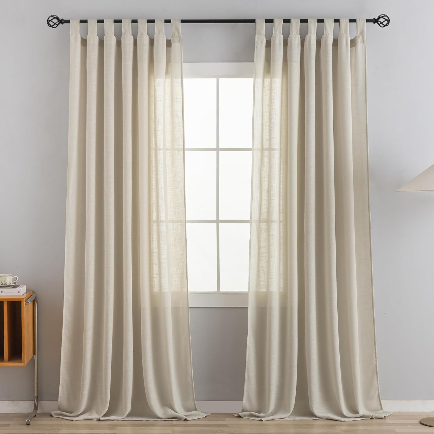 VOILYBIRD Natural Linen Semi Sheer Curtains Tab Top Light Filtering Elegant Curtains & Drapes for Living Room 52 X 84 Inch Length, 2 Panels, Linen Beige image number 1