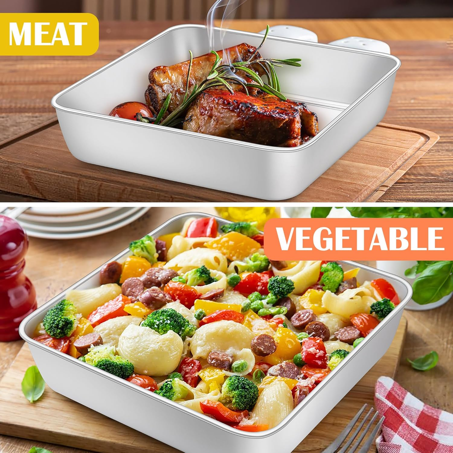 E-Far 9X9 Inch Square Cake Pan, Stainless Steel Baking Pan for Lasagna Brownies Casseroles, Silver Square Bakeware for Oven Cooking, Non-Toxic & Rust Free, Dishwasher Safe, 2 Inch Deep image number 6