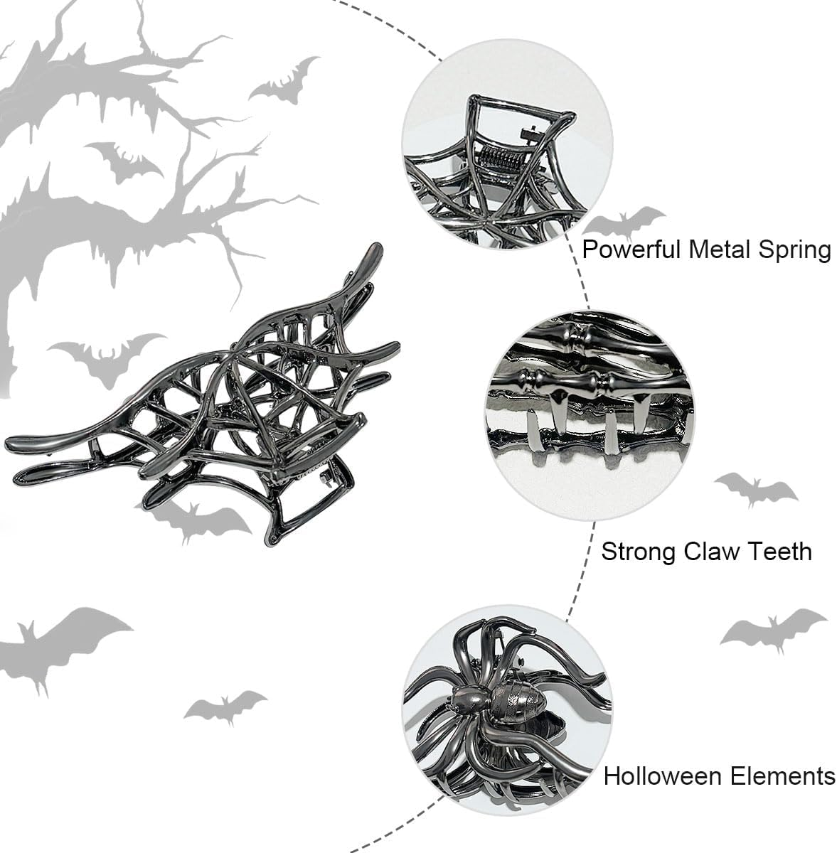 Pack of 3 Metal Hair Clips, Spider Hair Clips, Skull Claw Hair Clip, Non-Slip Claw Clip, Gothic Hair Clips, for Women, Girls, Halloween Hair Styling Accessories (D) image number 5