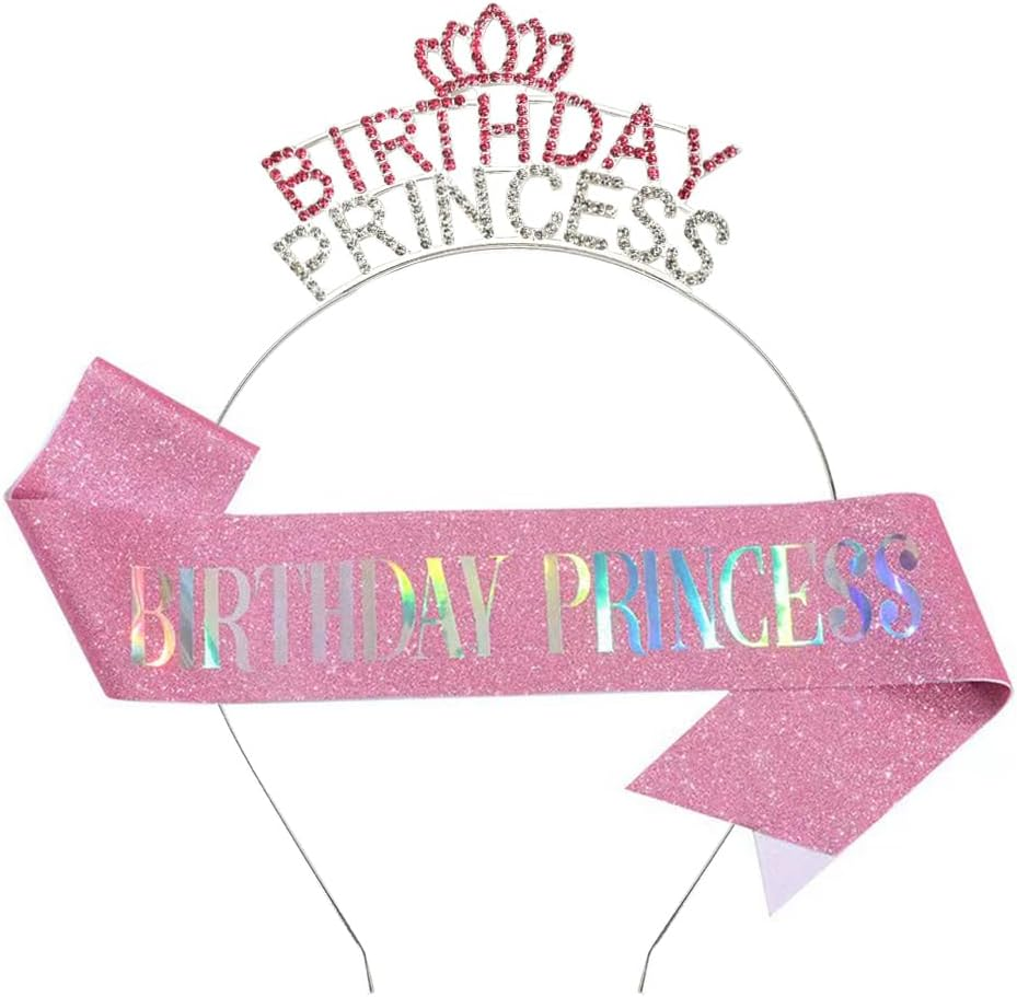 Birthday Princess Sash Headband Set Silver Pink Birthday Girl Crown Headpiece for Women Girls Happy Birthday Party Hats Supplies Decors Signs Birthday Presents for Girls Daughter Granddaughter