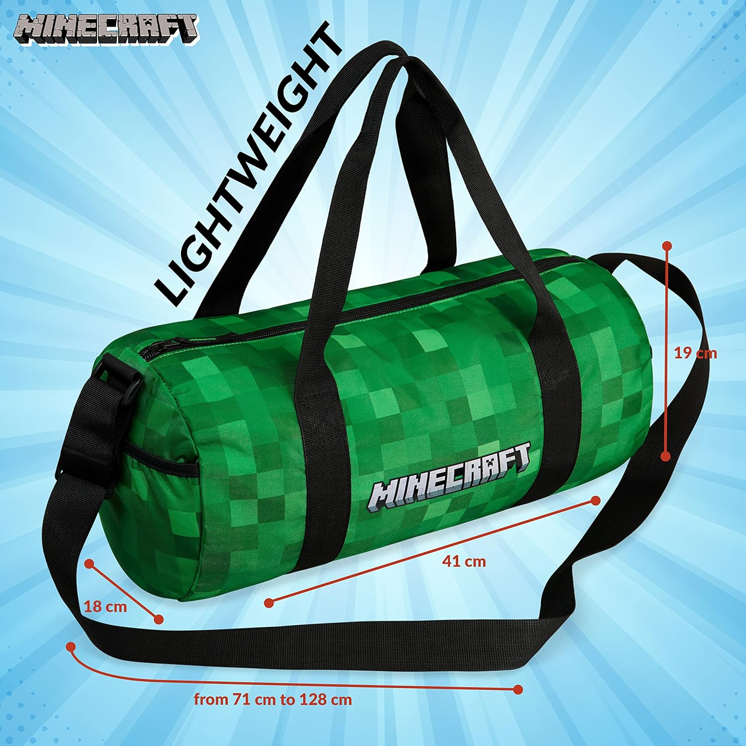 Minecraft Gym Bag for Kids Teens Travel Overnight Sports Duffle Bag Adjustable Strap Kit Bag Large Holdall Gamer Hand Luggage Bag, Green, 41X19X18Cm, Duffle Bag image number 6