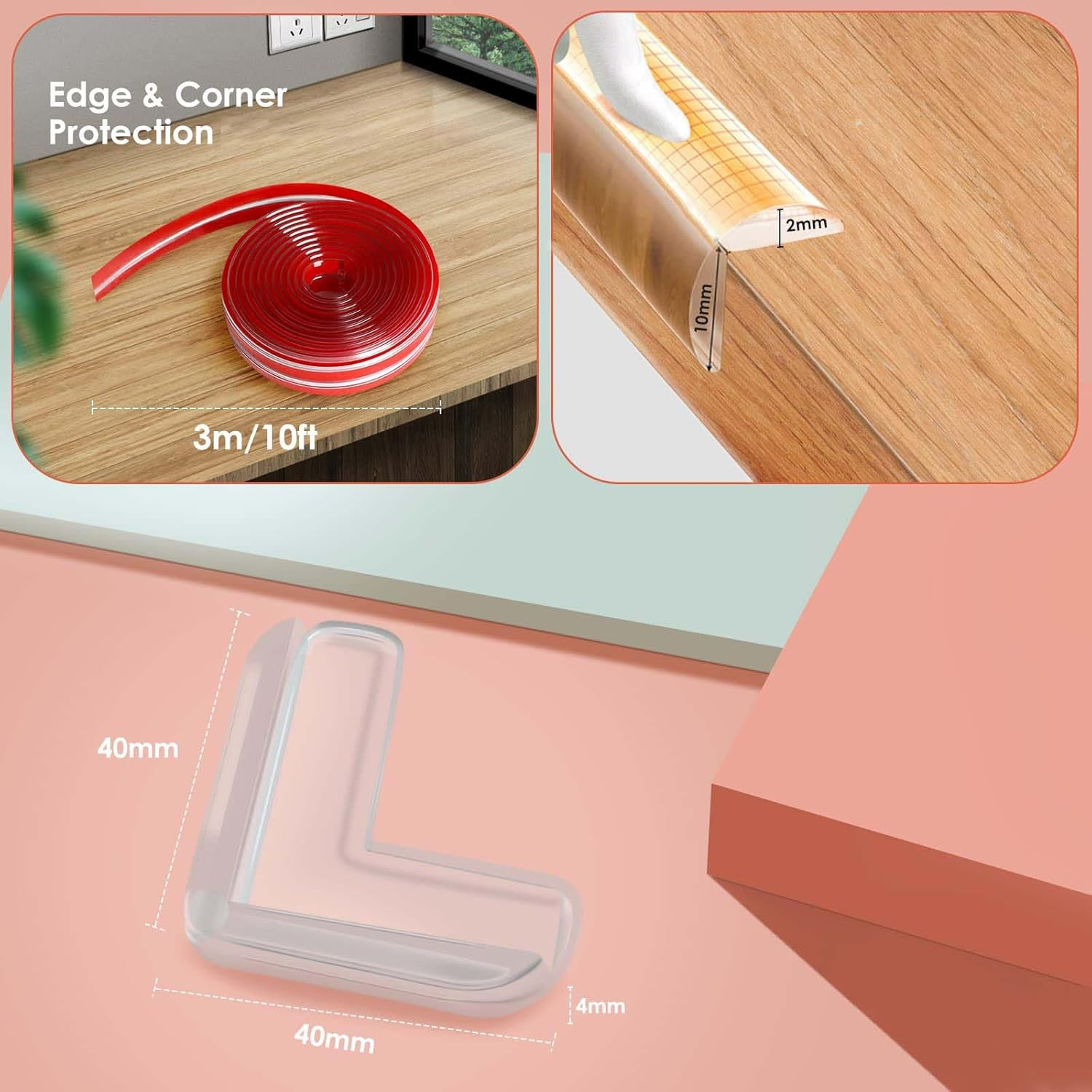 Edge Protector Strip Silicone 3M/9.8Ft Baby Safety Bumper Strip Transparent Table Edge Guard with Kids Proofing Safety Corner for Table Desk Furniture Cabinets Shelf Sharp Corner