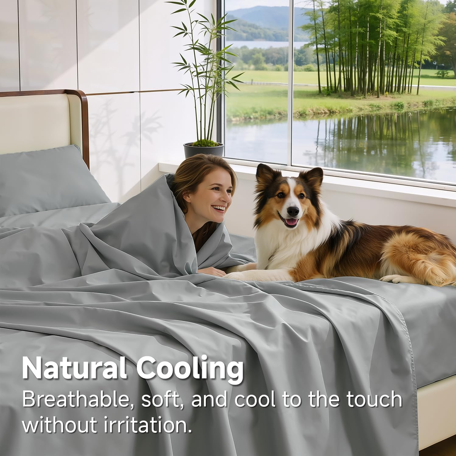 Lovana Bamboo Cooling Sheet Set King for Hot Sleeppers,4 Pack Bed Sheets Set,40Cm Deep Pocket,2000Tc Soft Bedding Natural Breathable & Sweat-Wicking,Silver image number 5