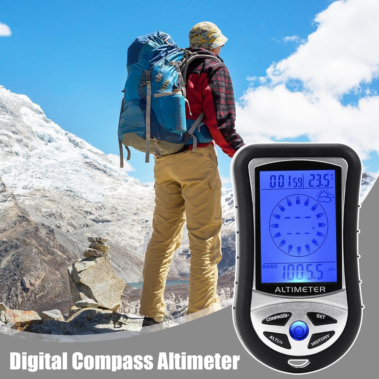 Pocket Altimeter | Multifunction Handheld Temperature Gauge Barometer Compass - Portable Meter Device for Hiking Mountaineering, Time Clock with Backlight image number 2