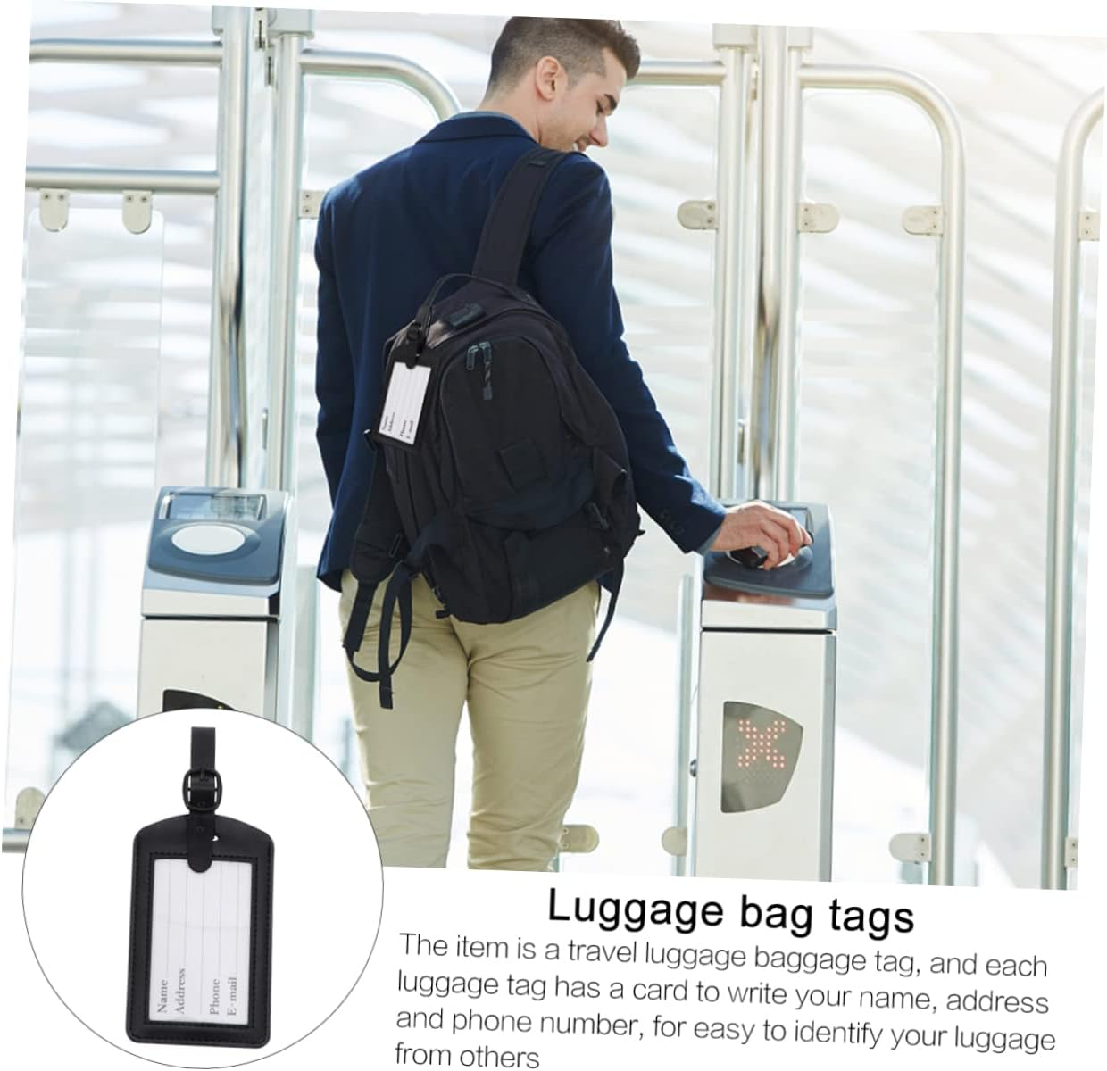 OFFSCH 5Pcs Black Leather Luggage Tags Pu Id Labels Privacy Cover for Travel Suitcases Sturdy Baggage Tag Set for Easy Identification