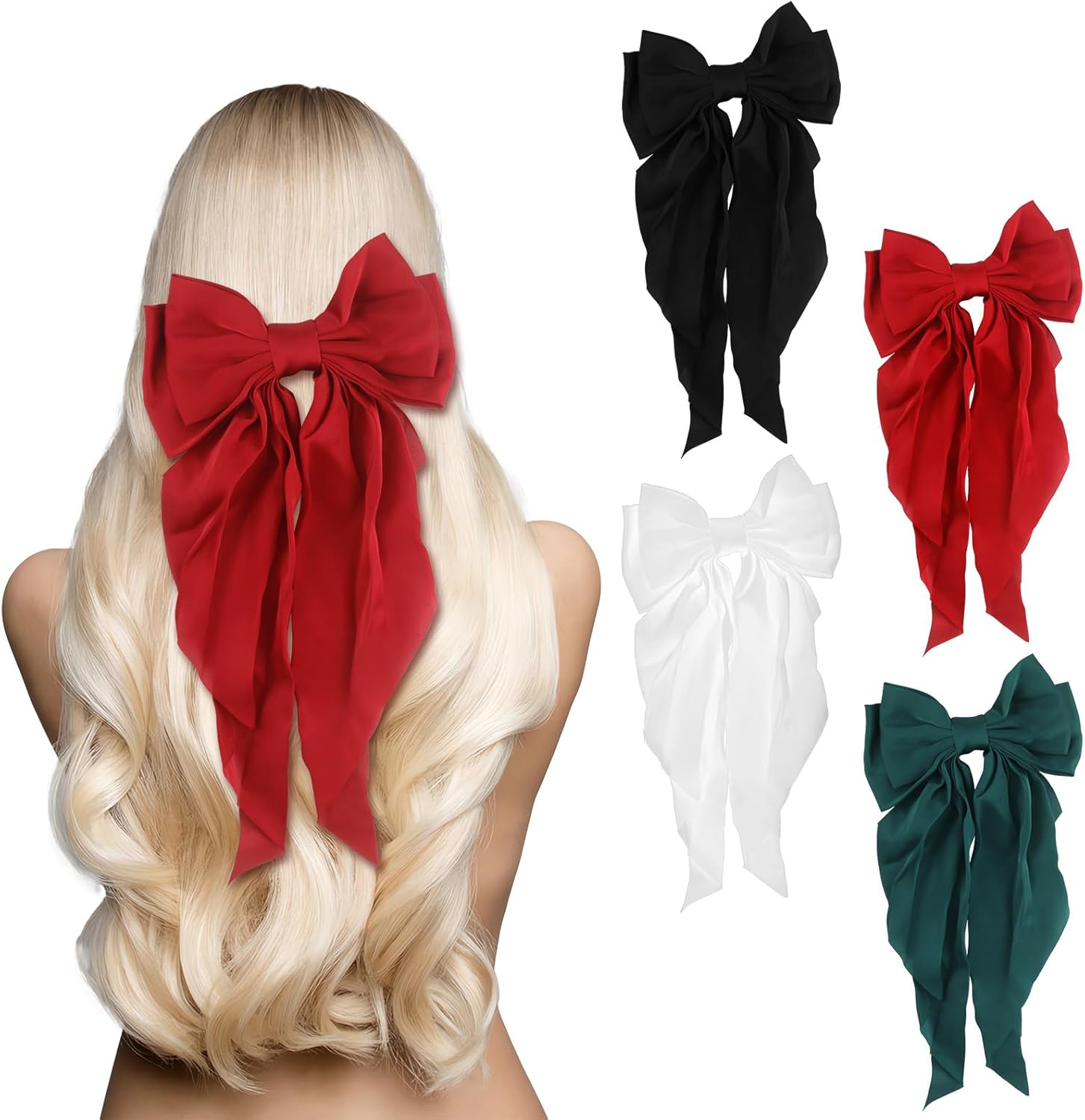 4PCS Big Hair Bows for Women, Large Ribbon Bow Hair Clips,Hair Bow Clips for Bride, Bridesmaid Bowknot Clips for Hair Barrettes Bow Clips (Black,Red,White,Green) image number 1