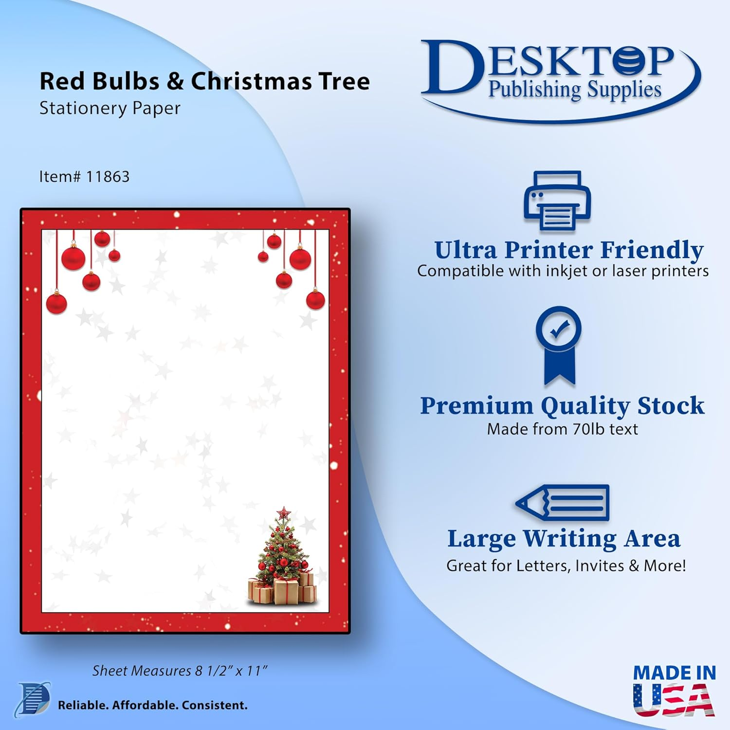 Red Bulbs & Christmas Tree Stationery Paper - 80 Sheets of Letterhead for Winter & Holiday Events image number 4