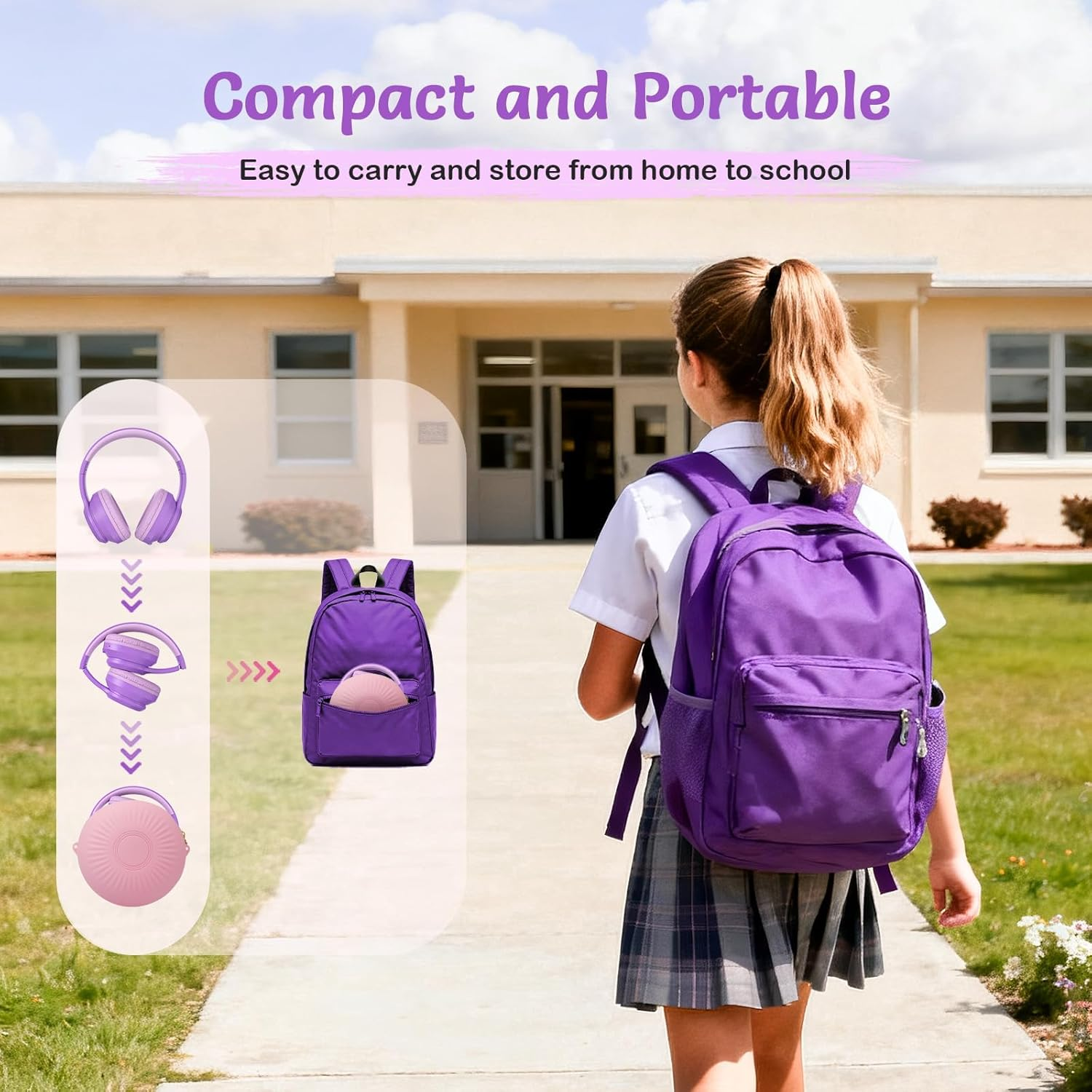 TONOSHARK Kids Headphones Wireless, Active Noise Cancelling Headphones for Kids, 60H Playtime, Bluetooth Over-Ear Headset Built-In Microphone for Home/School/Travel - Includes Portable Case (Purple) image number 5