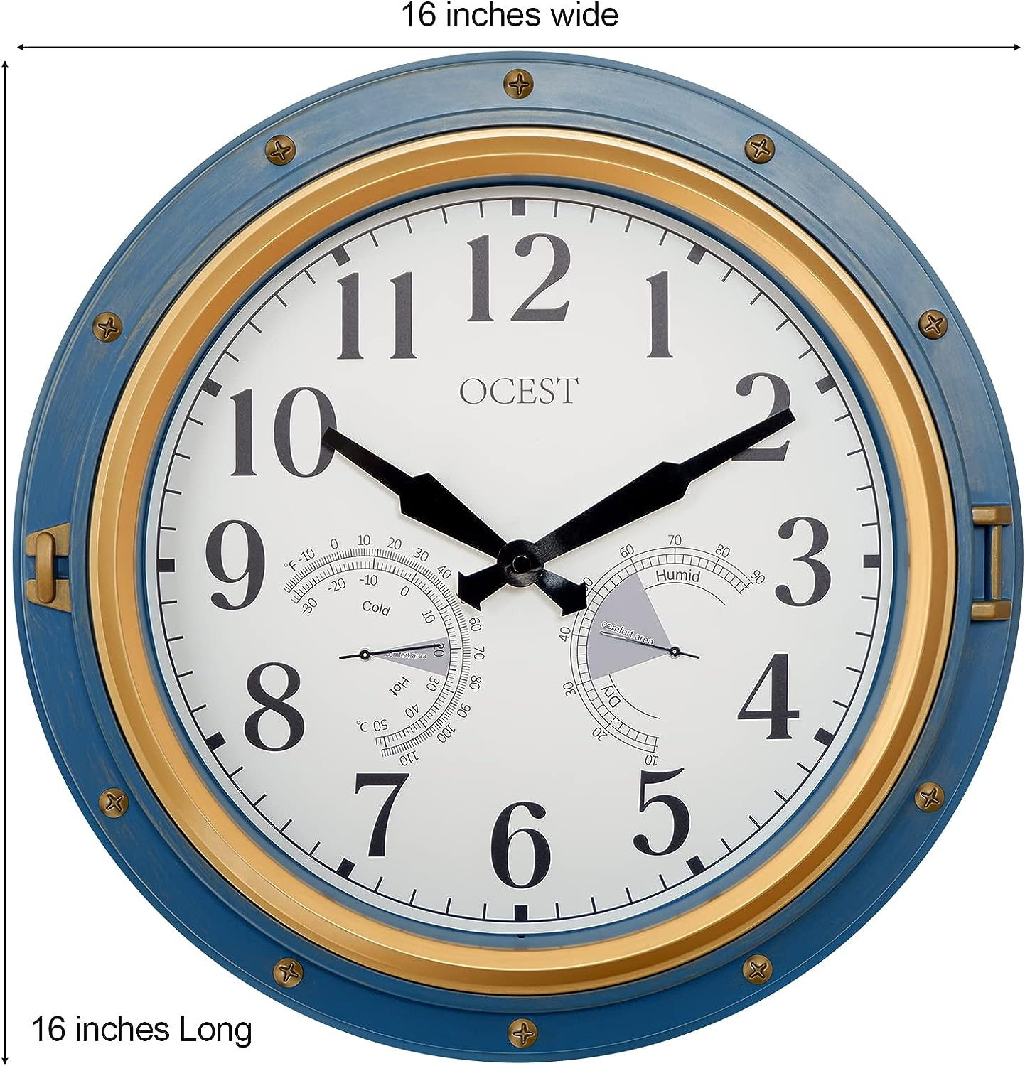 OCEST 16 Inch Garden Clocks Outdoor Waterproof, Large Thermometer, Hygrometer, Retro Design, Non-Ticking Battery Operated for Home Decor Patio (Blue)