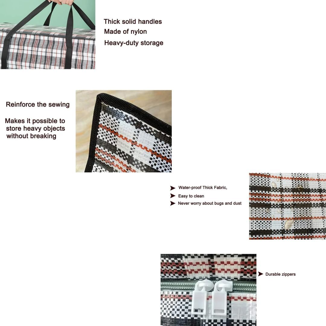 3 Set of Large Heavy Duty Checkered Tote Bags with Zipper and Handles Waterproof Storage Tote Duffle Bag with Zippers for Clothes, Bedding, Comforters, Pillows, Moving
