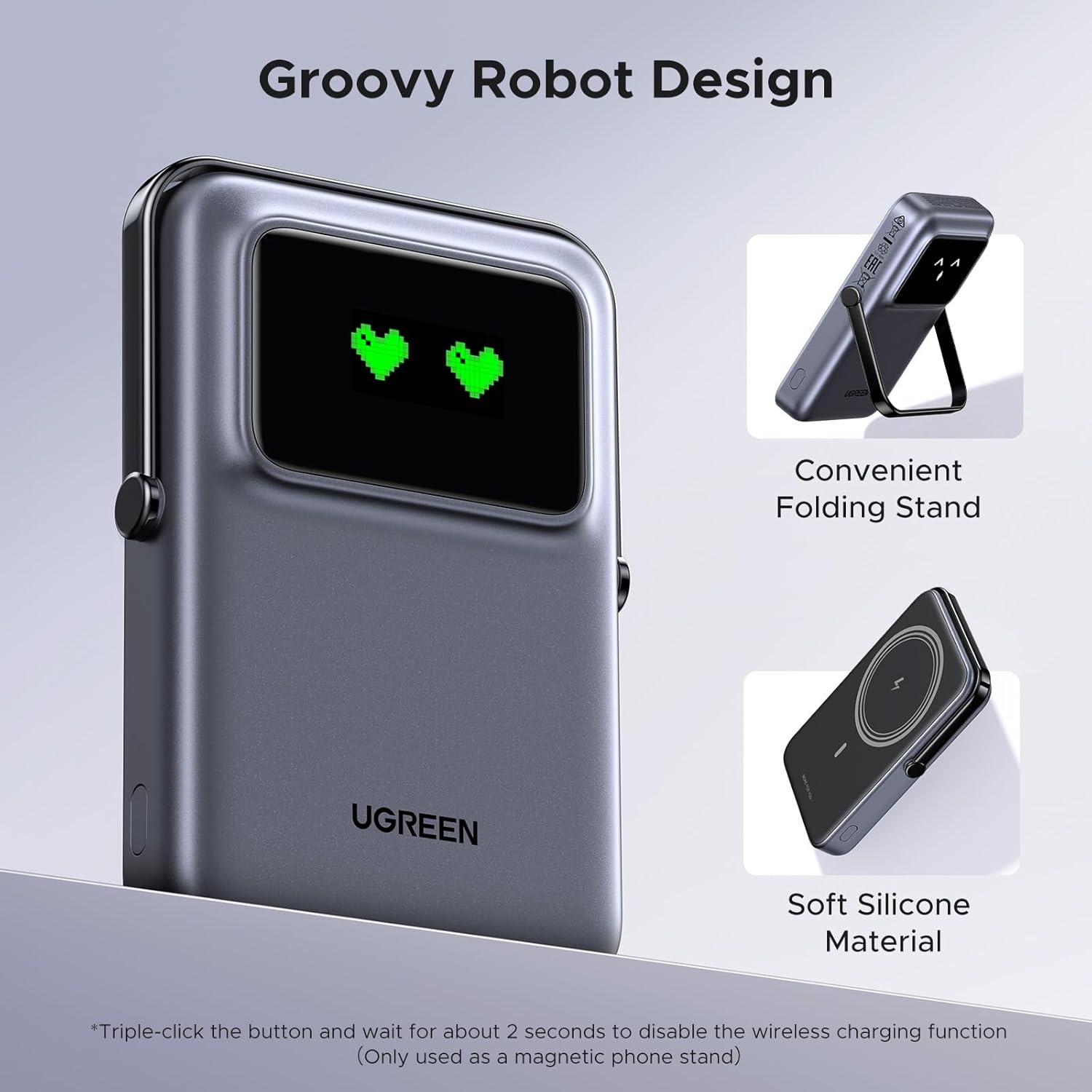 UGREEN Uno Magsafe Power Bank 10000Mah Magnetic Battery Pack 20W Fast Charging Portable Charger with Foldable Stand Emoji TFT Display Powerbank for Iphone 17 Pro Max/16 Pro/15/14/13/12 Series, Black image number 5