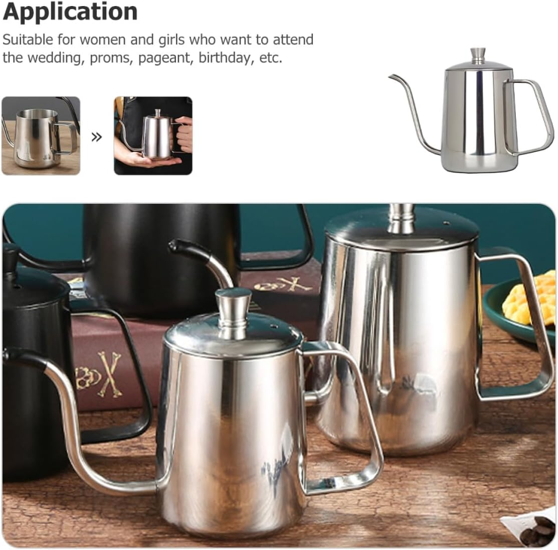 GLSTOY Stainless Steel Coffee Kettle 600Ml Long Spout Gooseneck Kettle with Lid Office Coffee Pot Multi-Use Metal Tea Pot for Drip Brewing and Manual Brewing image number 2