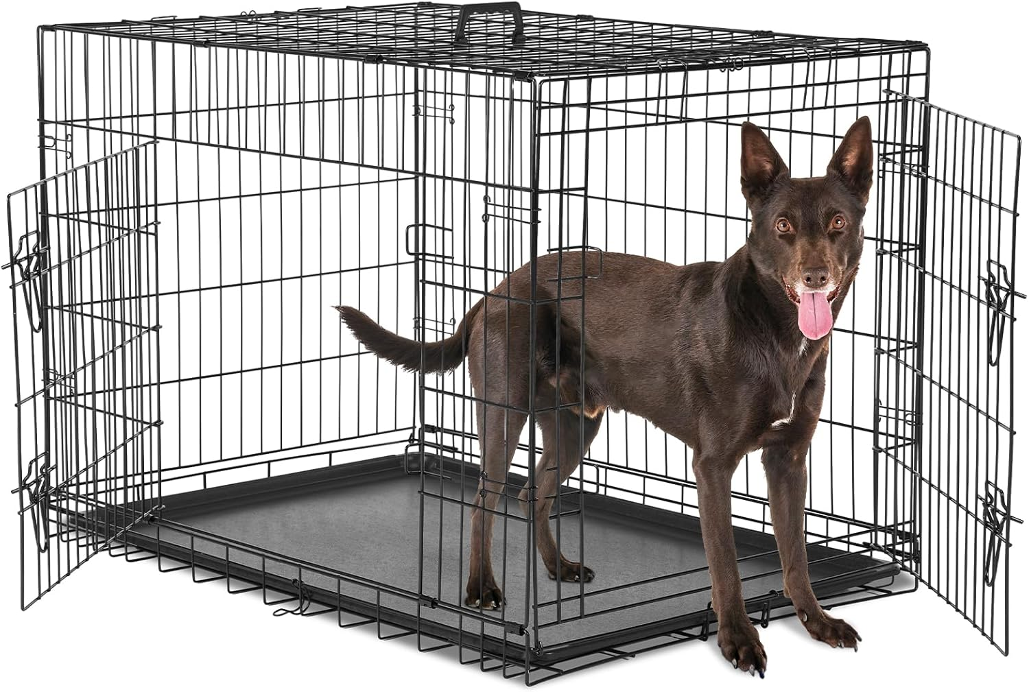 Sweetcrispy Large Dog Crate with Divider Panel, 36 Inch Double Door Folding Metal Wire Dog Cage with Plastic Leak-Proof Pan Tray, Pet Kennel for Indoor, Outdoor, Travel, 36S image number 1