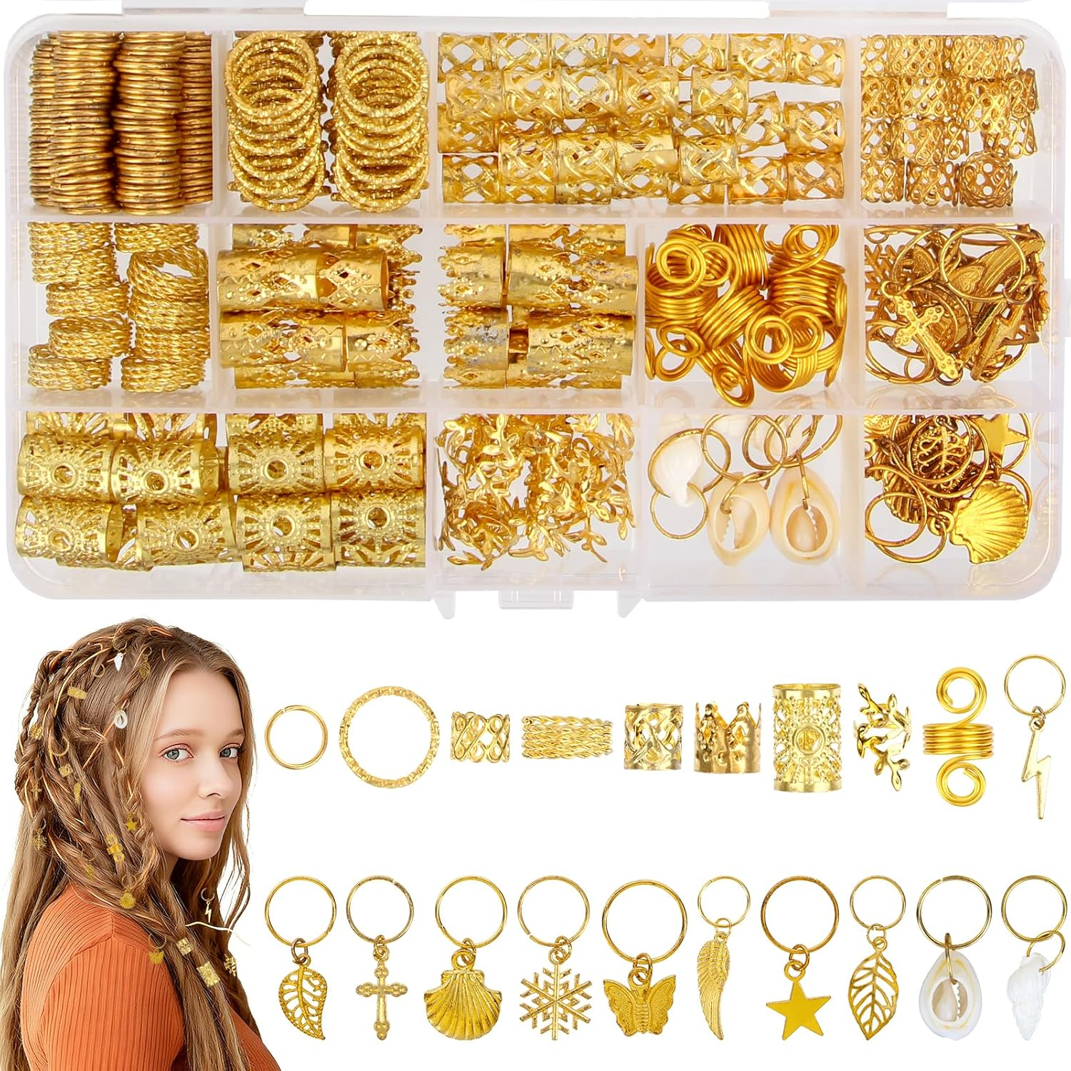 Pack of 362 Gold Hair Accessories, 20 Designs Dreadlocks Jewellery Rings, Adjustable Golden Hair Accessories for Braids with Hair Rings, Hair Spiral Clips, Charms, Ideal for DIY, Festival, Braiding image number 1