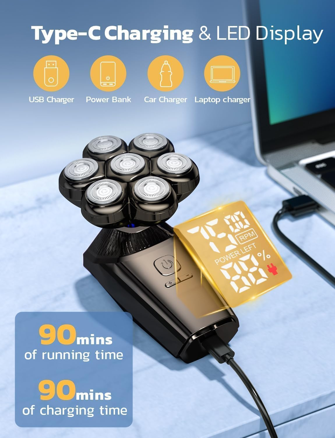 7D Portable Head Shavers for Bald Men, 9-In-1 Detachable Upgraded IPX7 Waterproof Dry/Wet Magnetic Floating Electric Razor with LED Display for Nose Hair, Beard, and Other Body Hair image number 2