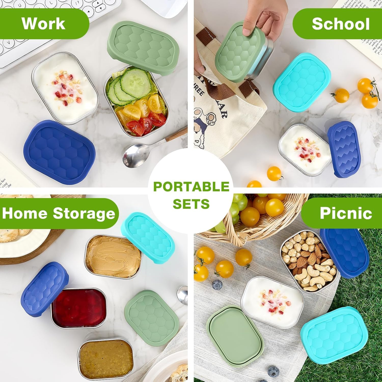 Stainless Steel Snack Container, 6Pcs 8Oz, for Kid Easy Open Leak Proof, Stackable Rectangle Food Storage Container with Silicone Lid, Portable Snack Box for School Office Travel Camping (Green-6Pcs) - Green-6Pcs image number 5