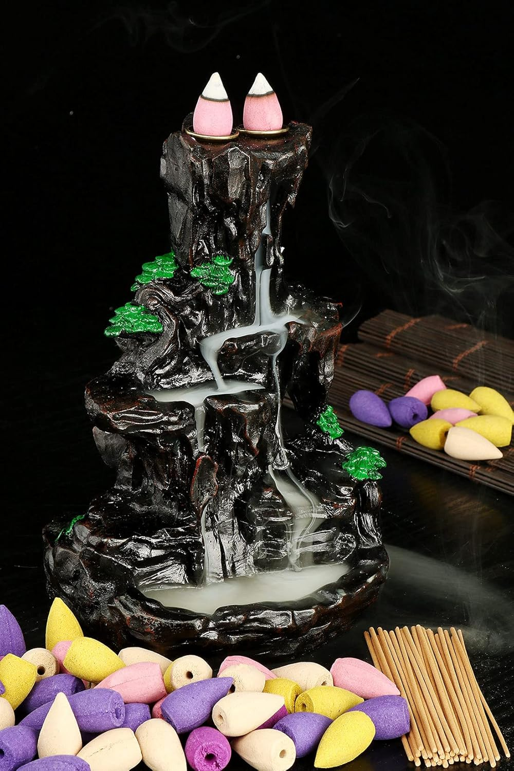 XUDREZ Mountain Backflow Incense Holder Resin Waterfall Incense Burner Incense Cones Holder Home Decor Gifts with 120Pcs Incense Cones image number 1
