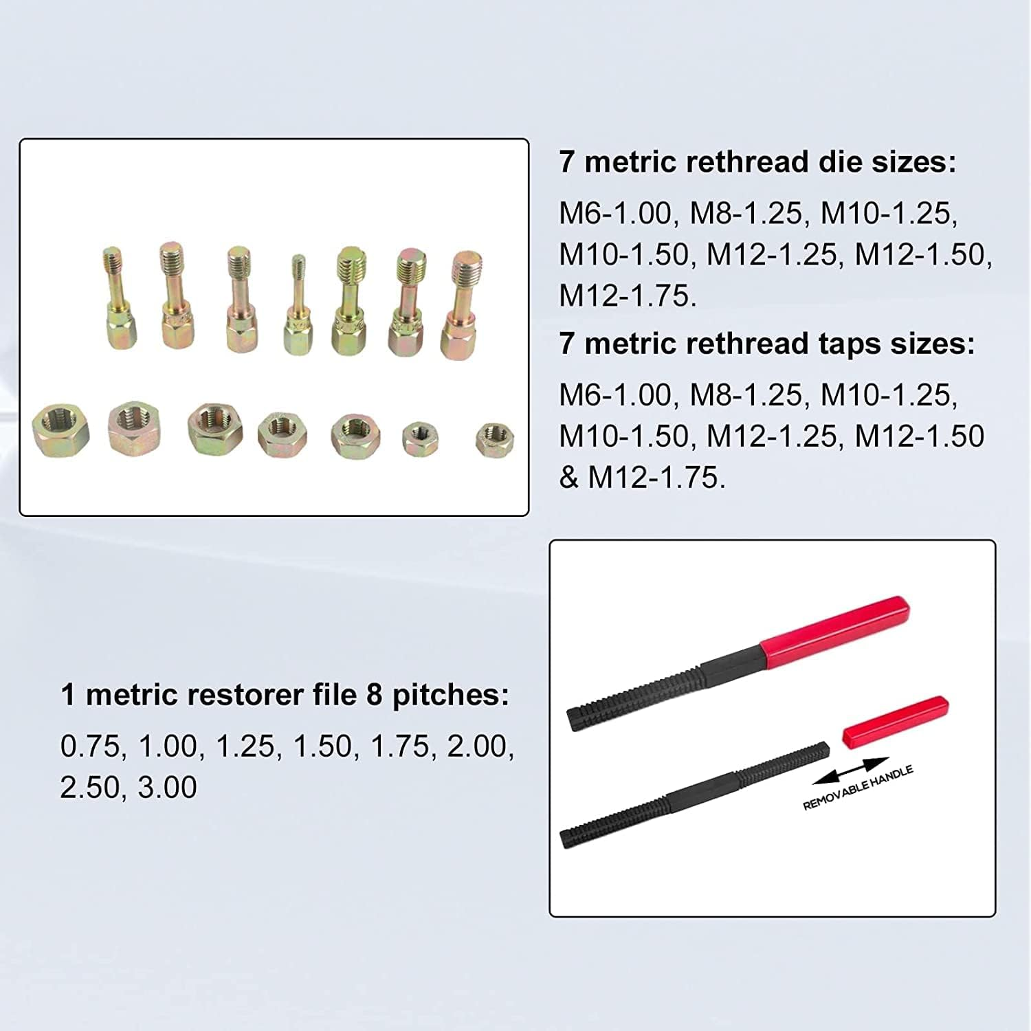 15PCS Metric Thread Chaser Set, Universal Metric Thread Restorer Kit with 7 Taps Thread Chaser Set, 7 Dies and 1 Thread File Rethreading Kit Thread Repair Kit image number 4