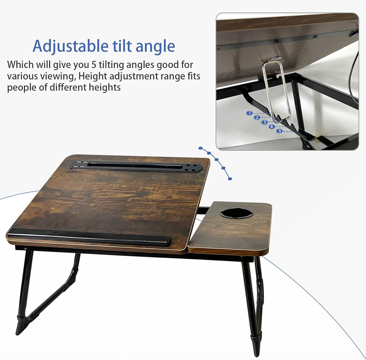 Laptop Desk for Bed, Adjustable Laptop Stand with 5 Different Angles, Portable Lap Tray Table with USB Charge Port and Cup Holder, Laptop Bed Desk Tray for Writing Working Reading (Rustic Brown)