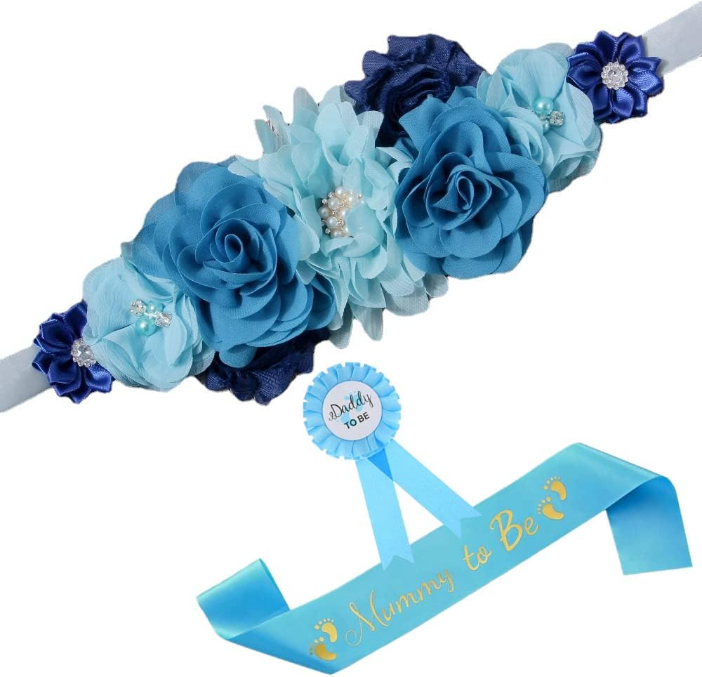 Nishine Blue Maternity Flower Sash Belt Pregnancy Belt for Mom to Be Baby Shower Girls Bridesmaid Sash Belt image number 2