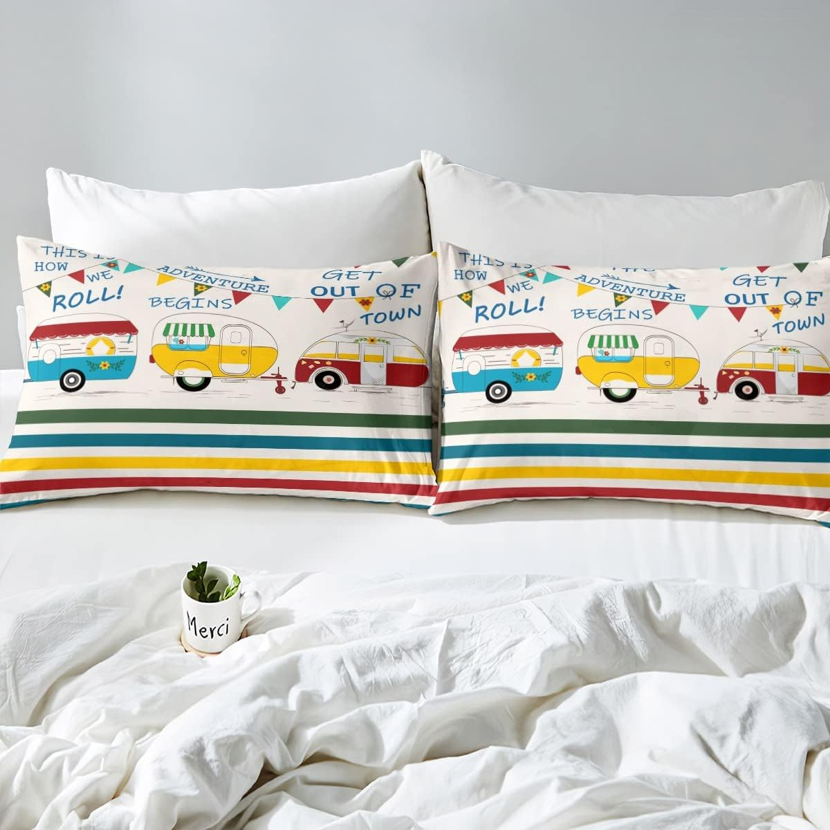 Camper Bedding Set 155 X 220 Cm for Children - Rustic Cabin Camping Duvet Cover, Colourful Striped in Country House Style - Vintage Wooden Board Happy Camping Decoration image number 5