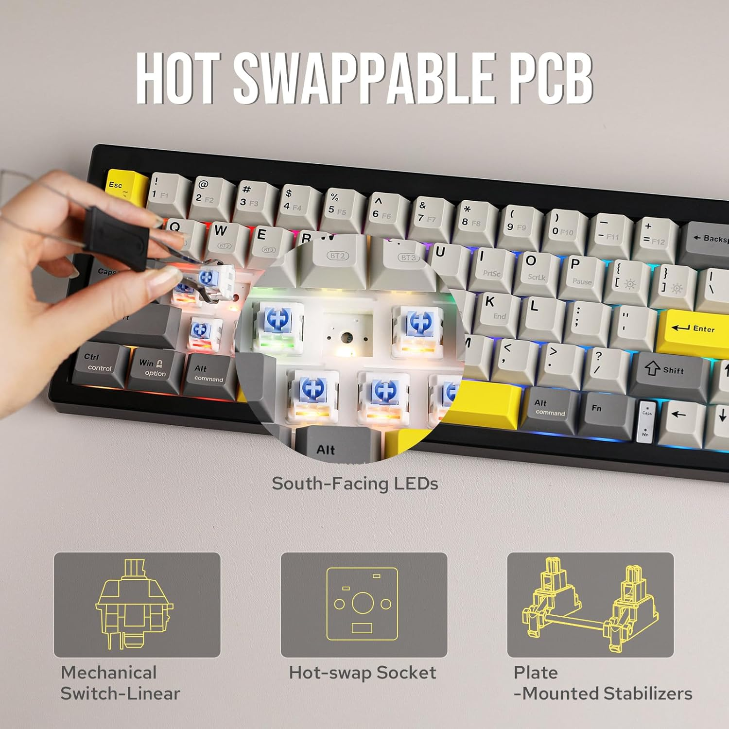 Mechlands AJAZZ AK650 65% Gasket Mechanical Keyboard, 3 Modes Wireless Gaming Keyboard with 0.85'' TFT Screen & Knob, Hot Swappable, 5000 Mah Battery, Flex-Cut Plate & PCB, RGB (Grey) image number 6