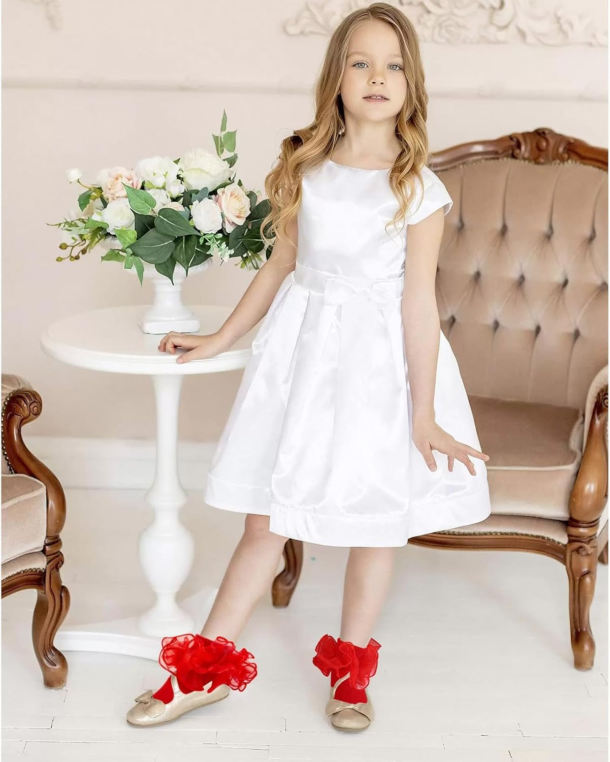 3 Pairs Girls Ruffle Lace Socks | Frilly Dress Socks with Big Turn Cuff for 1-3/4-6/6-8/8-10 Years Old Girls Kids | Cotton White Black Red image number 5